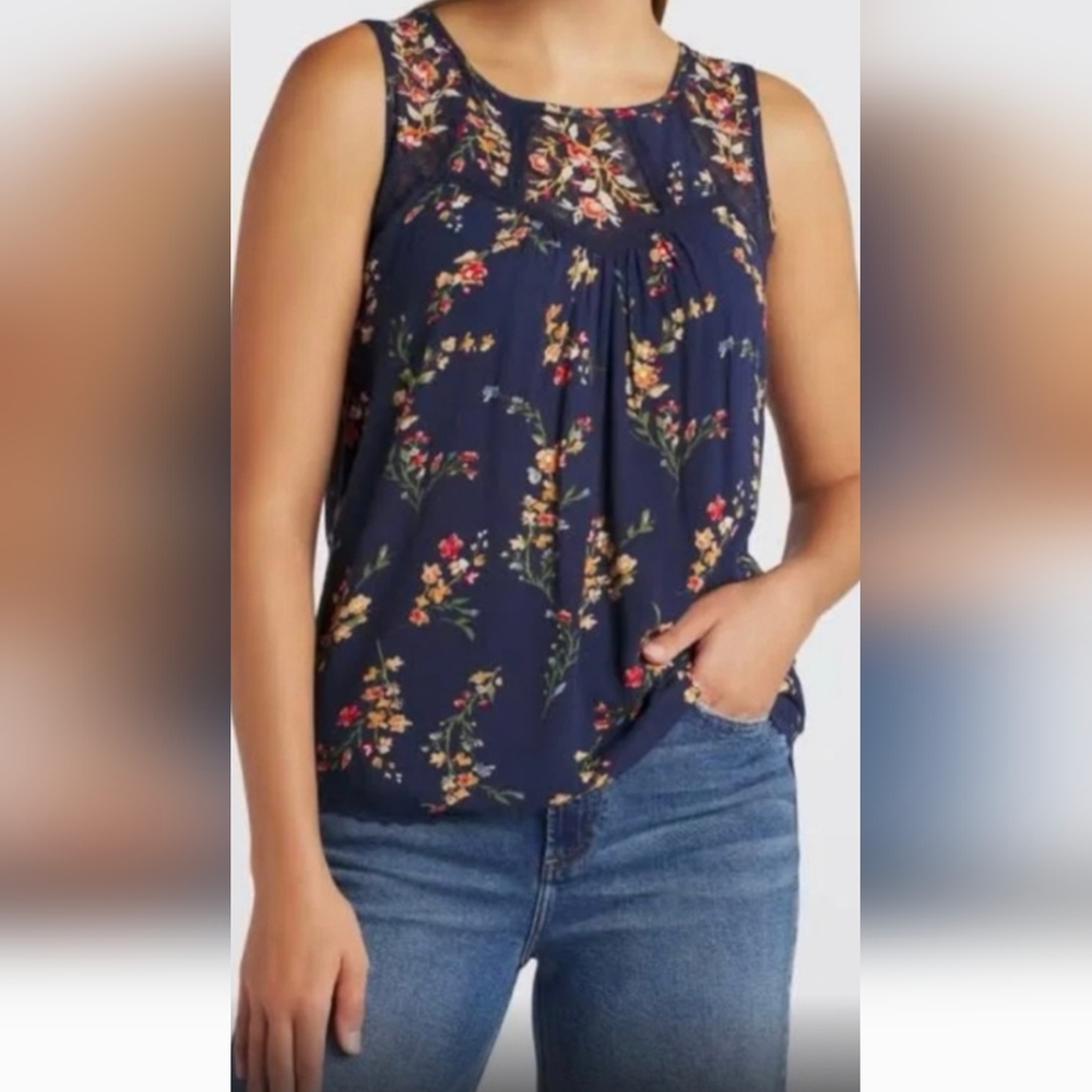 Elegant Floral Sleeveless Blouse - Navy